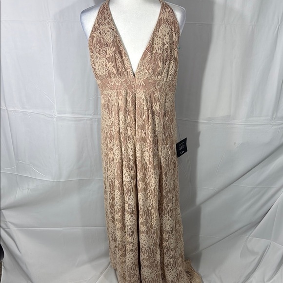 Lulus Stolen Moments Lace Halter Maxi Dress in Cream and Tan Size 1X - Picture 1 of 9